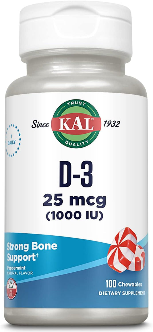 Vitamin D3 Chewables for Bone Health & Immune Support - 1000 IU, Natural Peppermint Flavor, Xylitol Sweetened - 100 Chews