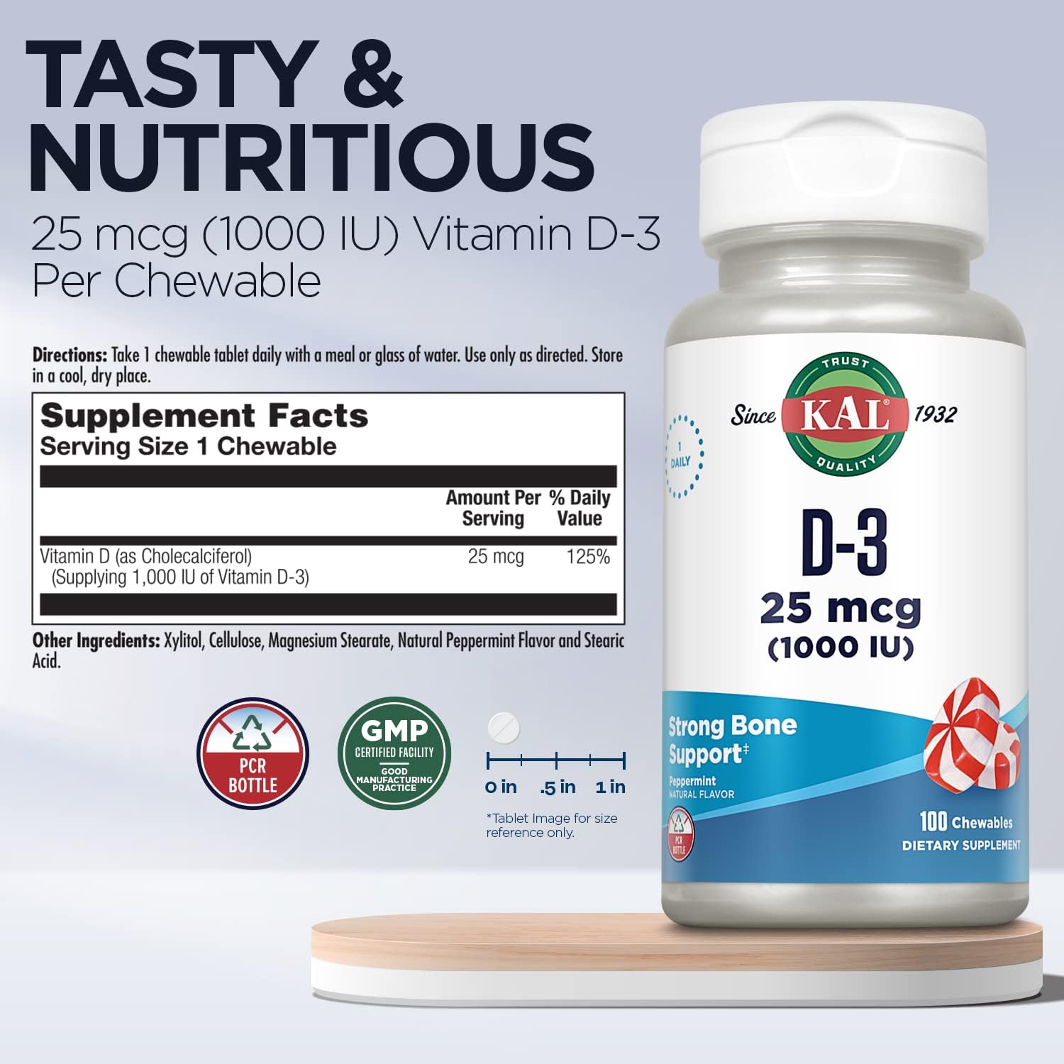 Vitamin D3 Chewables for Bone Health & Immune Support - 1000 IU, Natural Peppermint Flavor, Xylitol Sweetened - 100 Chews