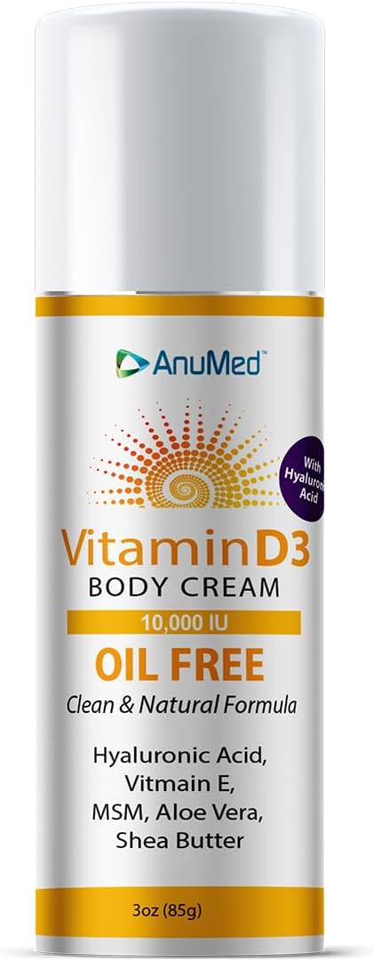 Vitamin D3 Cream with Magnesium, Hyaluronic Acid, and Vitamin E for Dry Skin - Oil-Free Moisturizer (3oz)