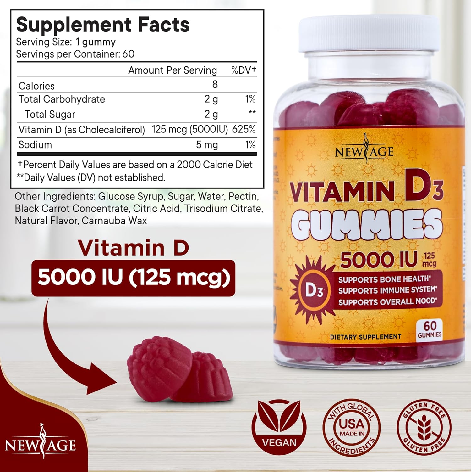 Vitamin D3 Gummies 5000 IU - Immune Support & Bone Health - Non-GMO, Gluten-Free, Dairy-Free - 60 Gummies