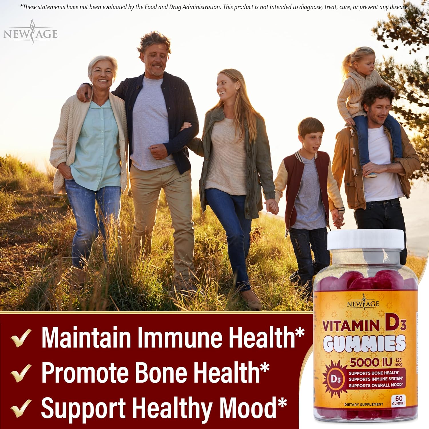 Vitamin D3 Gummies 5000 IU - Immune Support & Bone Health - Non-GMO, Gluten-Free, Dairy-Free - 60 Gummies