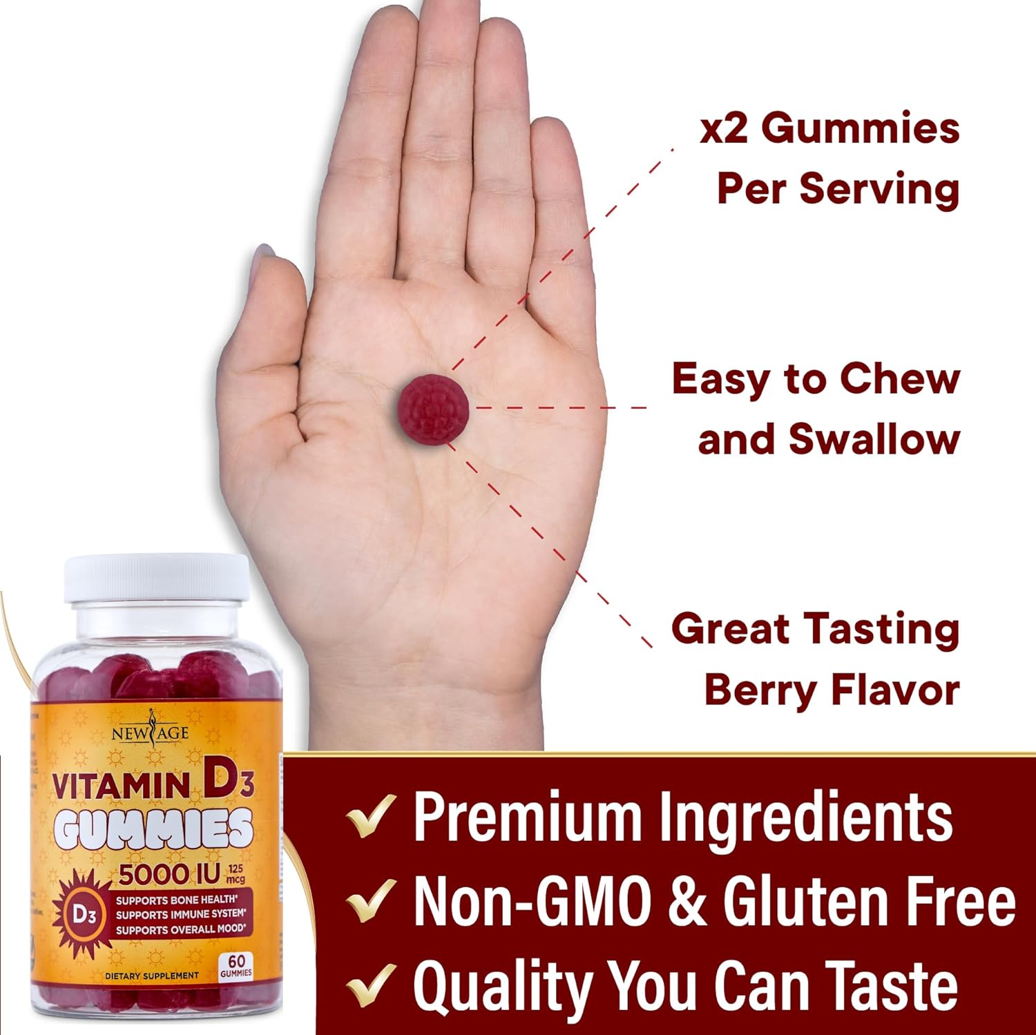 Vitamin D3 Gummies 5000 IU - Immune Support & Bone Health - Non-GMO, Gluten-Free, Dairy-Free - 60 Gummies