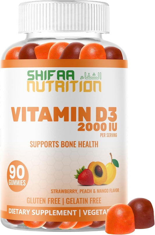 Vitamin D3 Gummies for Adults & Kids | 45-90 Servings, 2,000IU / 1,000IU | Non-GMO, Gluten-Free, Halal | Supports Bones, Muscles & Immune System by SHIFAA NUTRITION