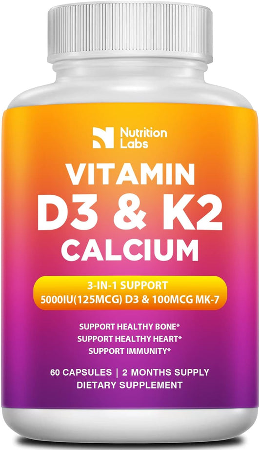 Vitamin D3 K2 5000 IU Supplement with Calcium, Multivitamins for Immune Health, Strong Bones, Teeth & Heart - 60 Count