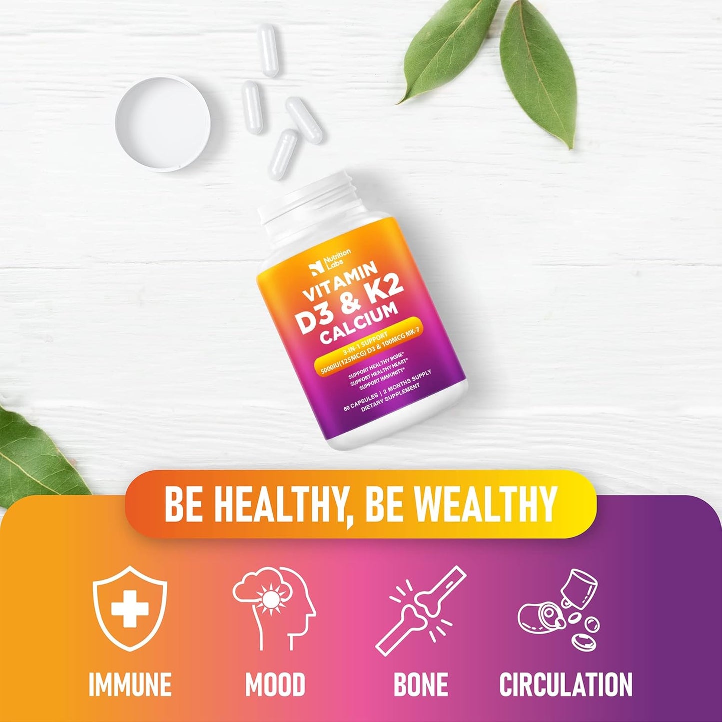 Vitamin D3 K2 5000 IU Supplement with Calcium, Multivitamins for Immune Health, Strong Bones, Teeth & Heart - 60 Count