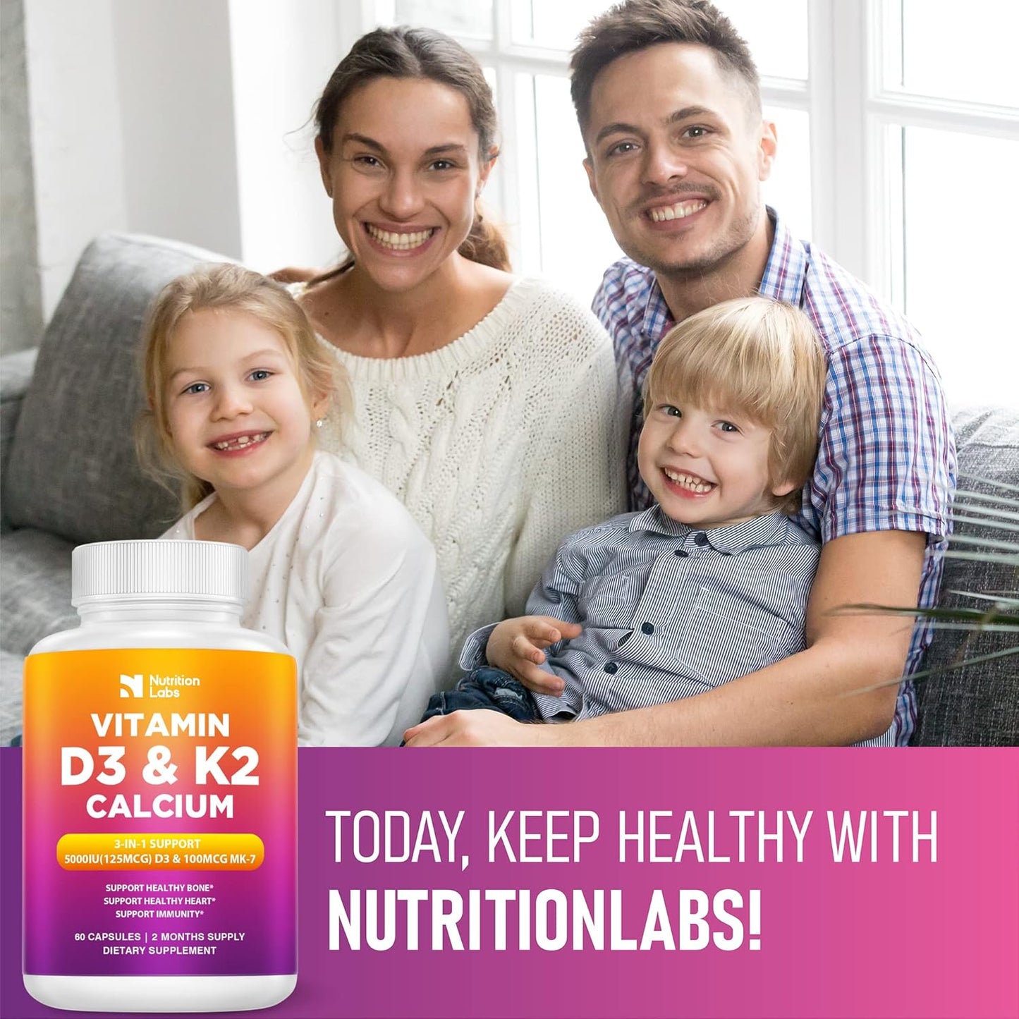 Vitamin D3 K2 5000 IU Supplement with Calcium, Multivitamins for Immune Health, Strong Bones, Teeth & Heart - 60 Count