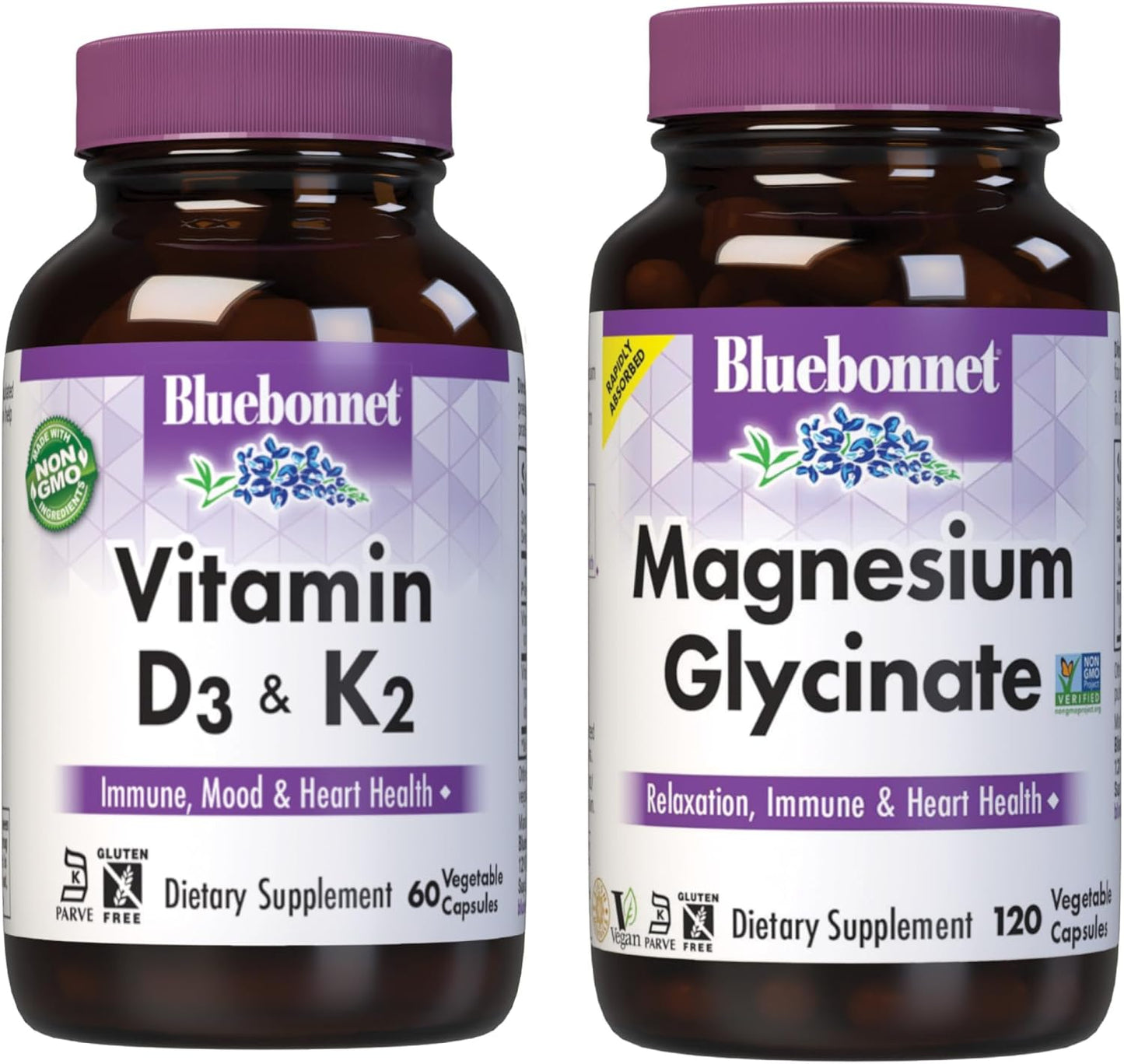 Vitamin D3, K2, and Magnesium Glycinate Capsules Bundle by Bluebonnet Nutrition