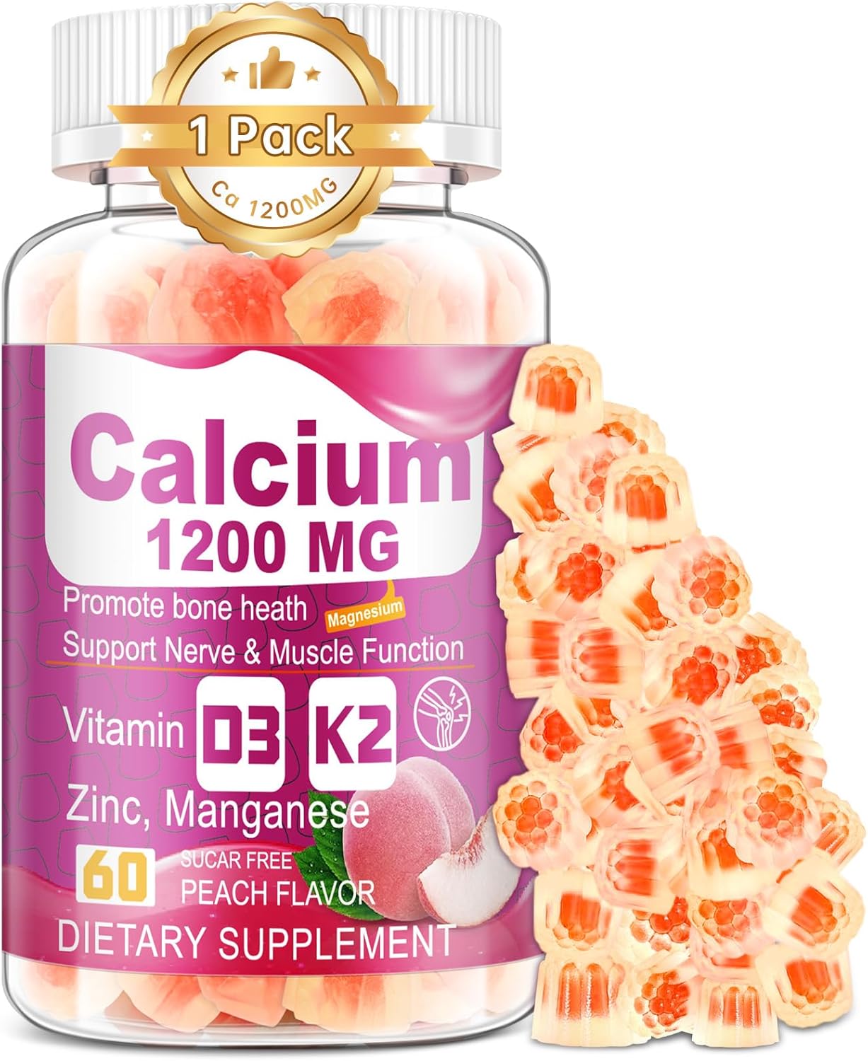 Vitamin D3 K2 Calcium Citrate Gummies for Bone and Immune Support - Calcium Supplement Chewable Sugar-Free Gummy with Zinc, Magnesium, Boron, Copper - 1200mg - (1)