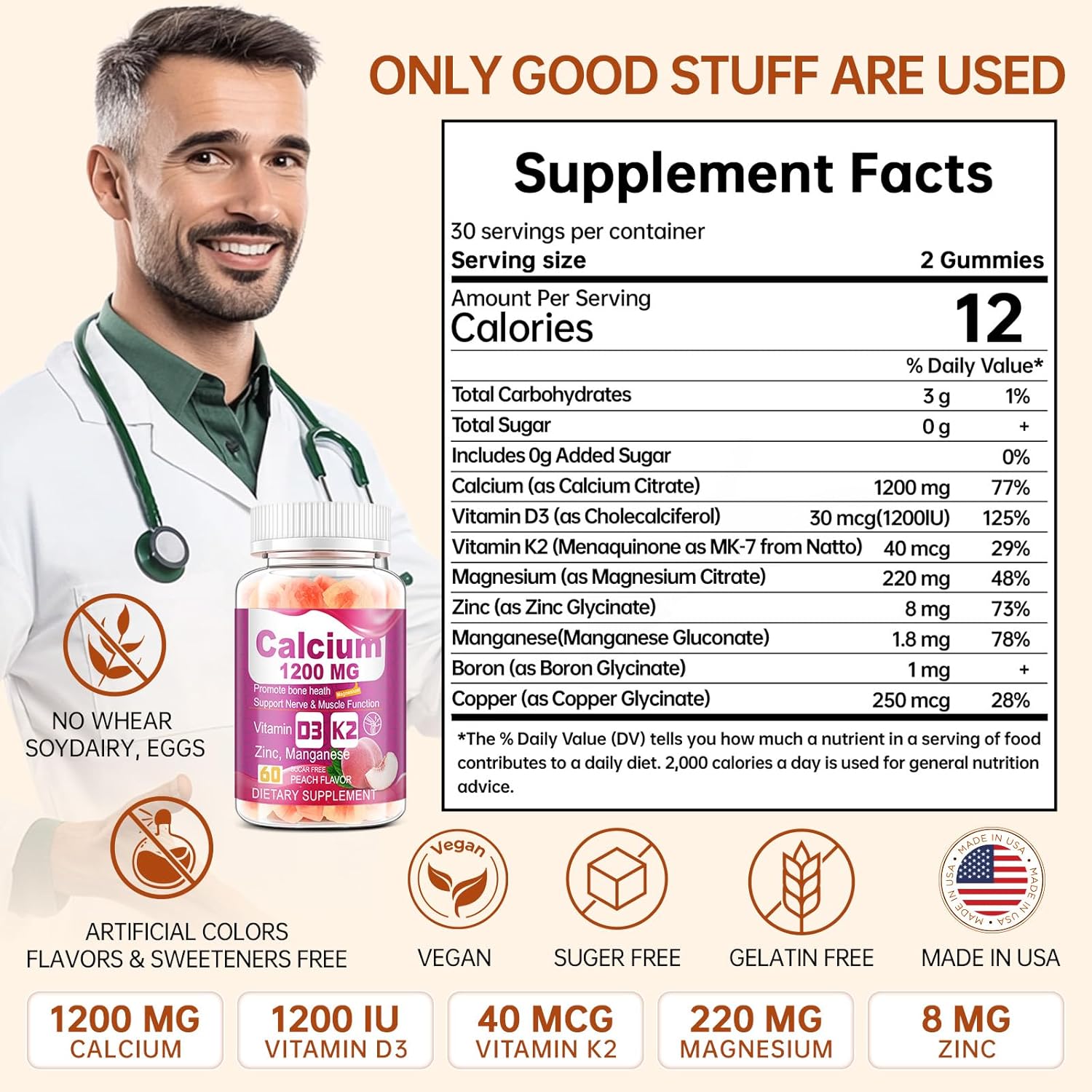 Vitamin D3 K2 Calcium Citrate Gummies for Bone and Immune Support - Calcium Supplement Chewable Sugar-Free Gummy with Zinc, Magnesium, Boron, Copper - 1200mg - (1)