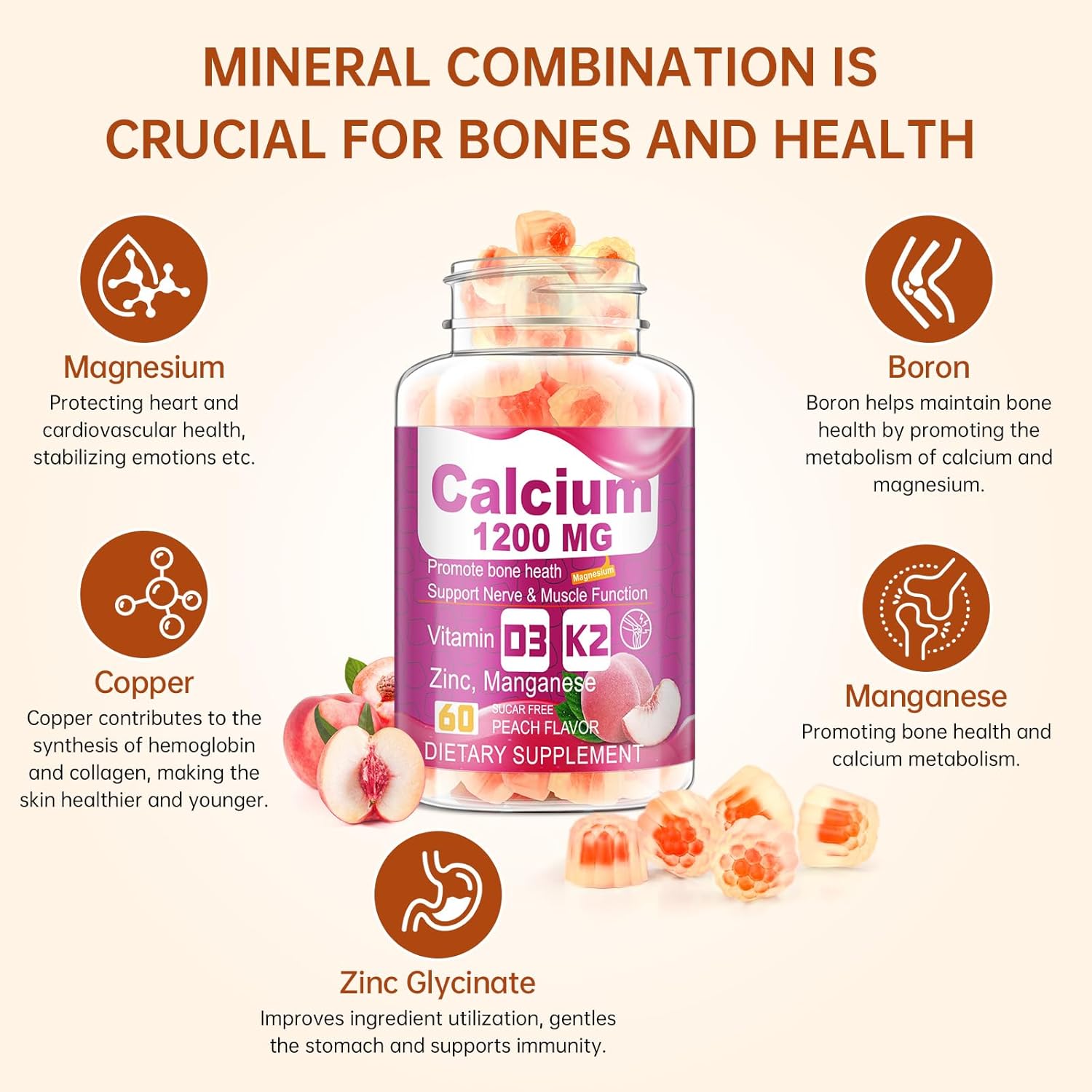 Vitamin D3 K2 Calcium Citrate Gummies for Bone and Immune Support - Calcium Supplement Chewable Sugar-Free Gummy with Zinc, Magnesium, Boron, Copper - 1200mg - (1)