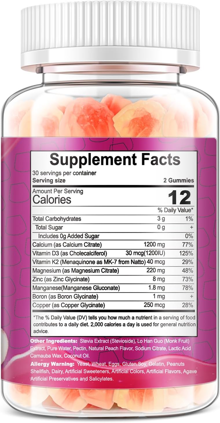 Vitamin D3 K2 Calcium Citrate Gummies for Bone and Immune Support - Calcium Supplement Chewable Sugar-Free Gummy with Zinc, Magnesium, Boron, Copper - 1200mg - (1)