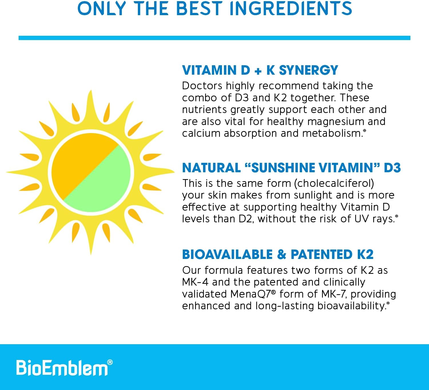 Vitamin D3 K2 Capsules with CoQ10 by BioEmblem for Immune Support and Heart Health