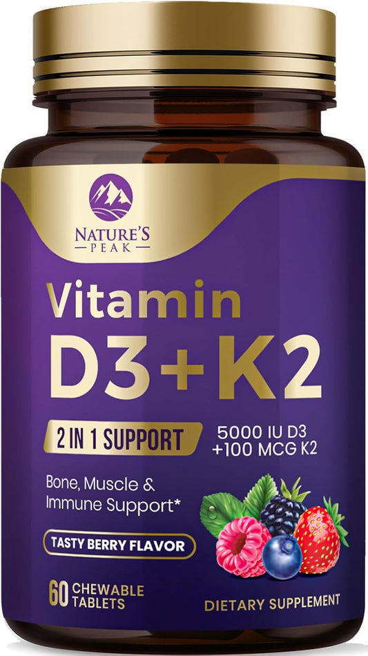Vitamin D3 K2 Chewable Tablets for Bone, Heart & Immune Health - 5000iu D3 & 100 mcg MK-7 K2 per Tablet - Supports Calcium Absorption - Gluten Free & Non-GMO - 60 Servings