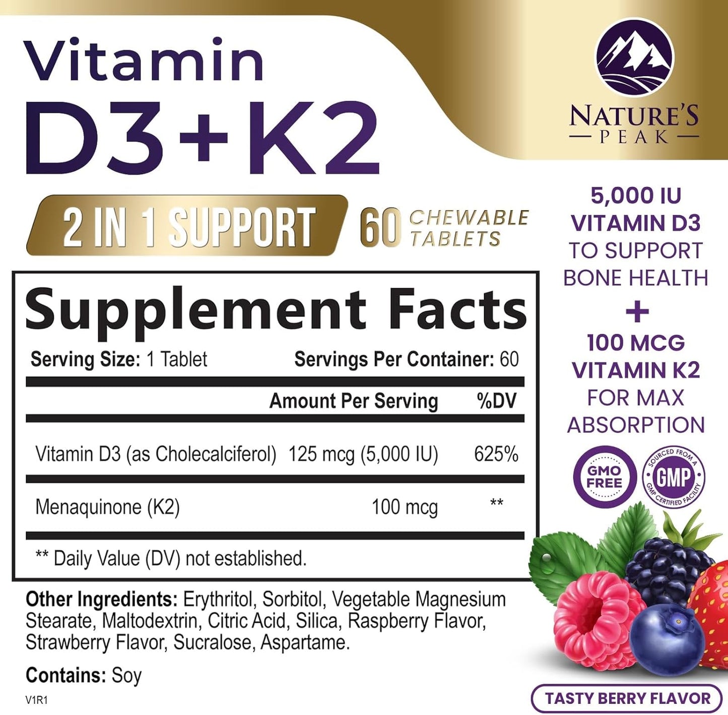 Vitamin D3 K2 Chewable Tablets for Bone, Heart & Immune Health - 5000iu D3 & 100 mcg MK-7 K2 per Tablet - Supports Calcium Absorption - Gluten Free & Non-GMO - 60 Servings