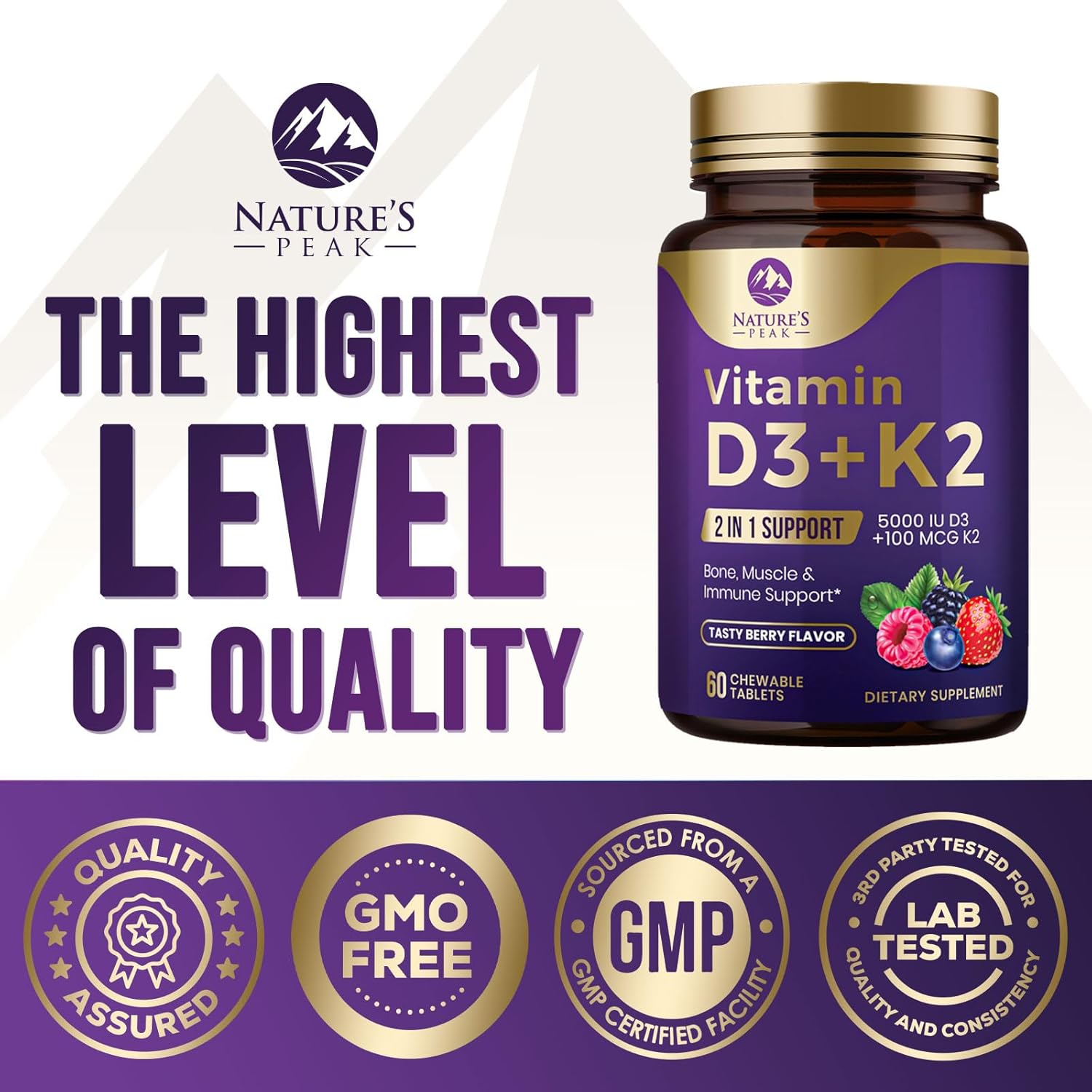 Vitamin D3 K2 Chewable Tablets for Bone, Heart & Immune Health - 5000iu D3 & 100 mcg MK-7 K2 per Tablet - Supports Calcium Absorption - Gluten Free & Non-GMO - 60 Servings