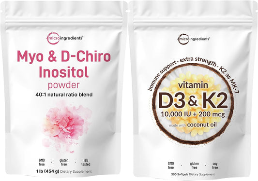 Vitamin D3 & K2 Coconut Oil Softgels with Inositol Powder Bundle - 2 Pack for Women | Essential Sunshine Vitamins & Supplement