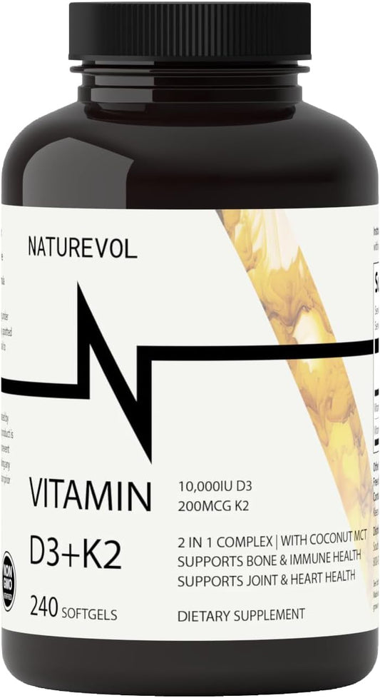 Vitamin D3 & K2 Complex with Coconut MCT Oil | 10000 IU D3 & 200 mcg K2 for Muscle & Immune Health | Easy to Swallow Mini Softgels - Soy & Gluten Free (240 Servings)
