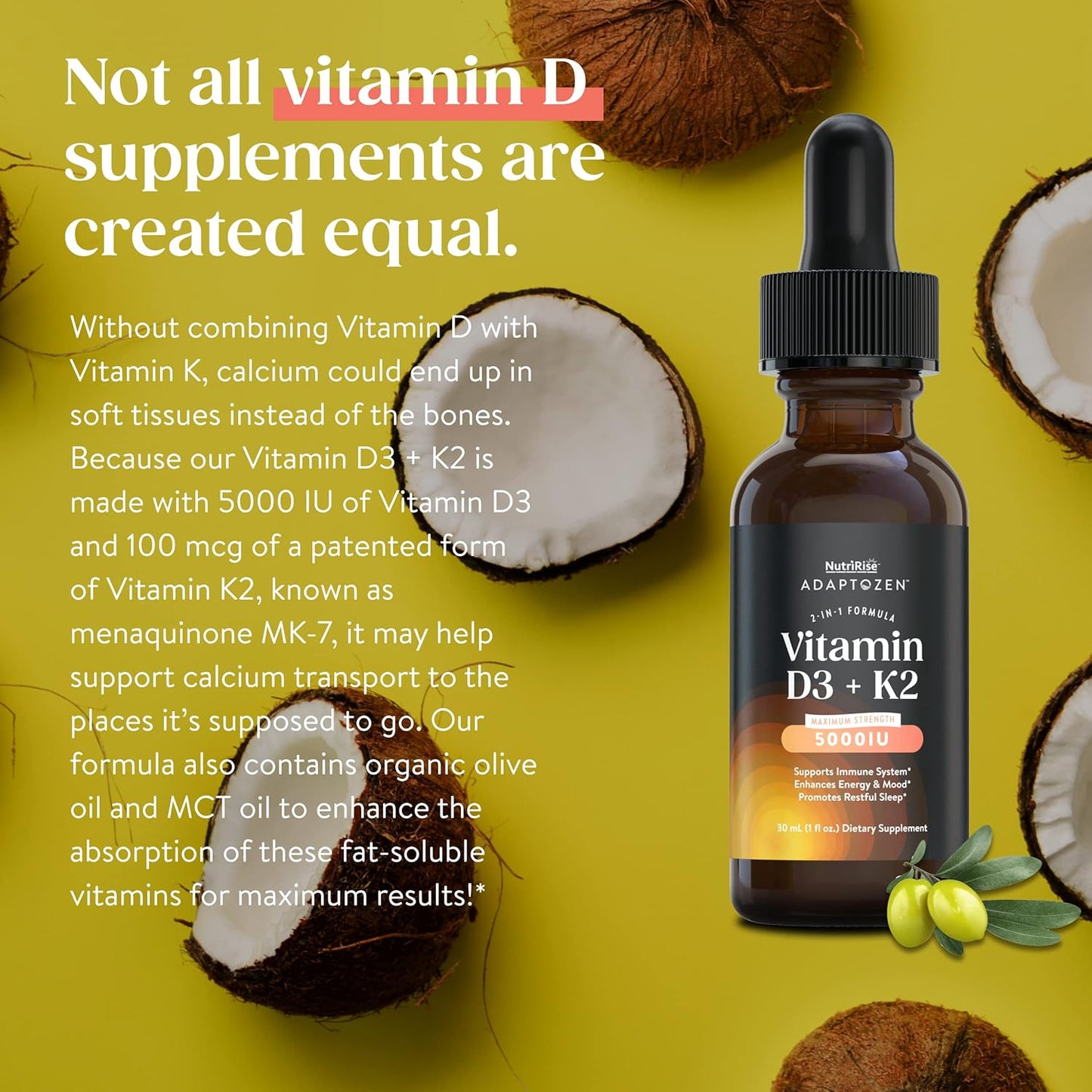 Vitamin D3 K2 Drops 5000 IU with MCT Oil: Immunity & Energy Support, Joint Comfort, Liquid Formula for Men & Women, Vegetarian, Gluten Free