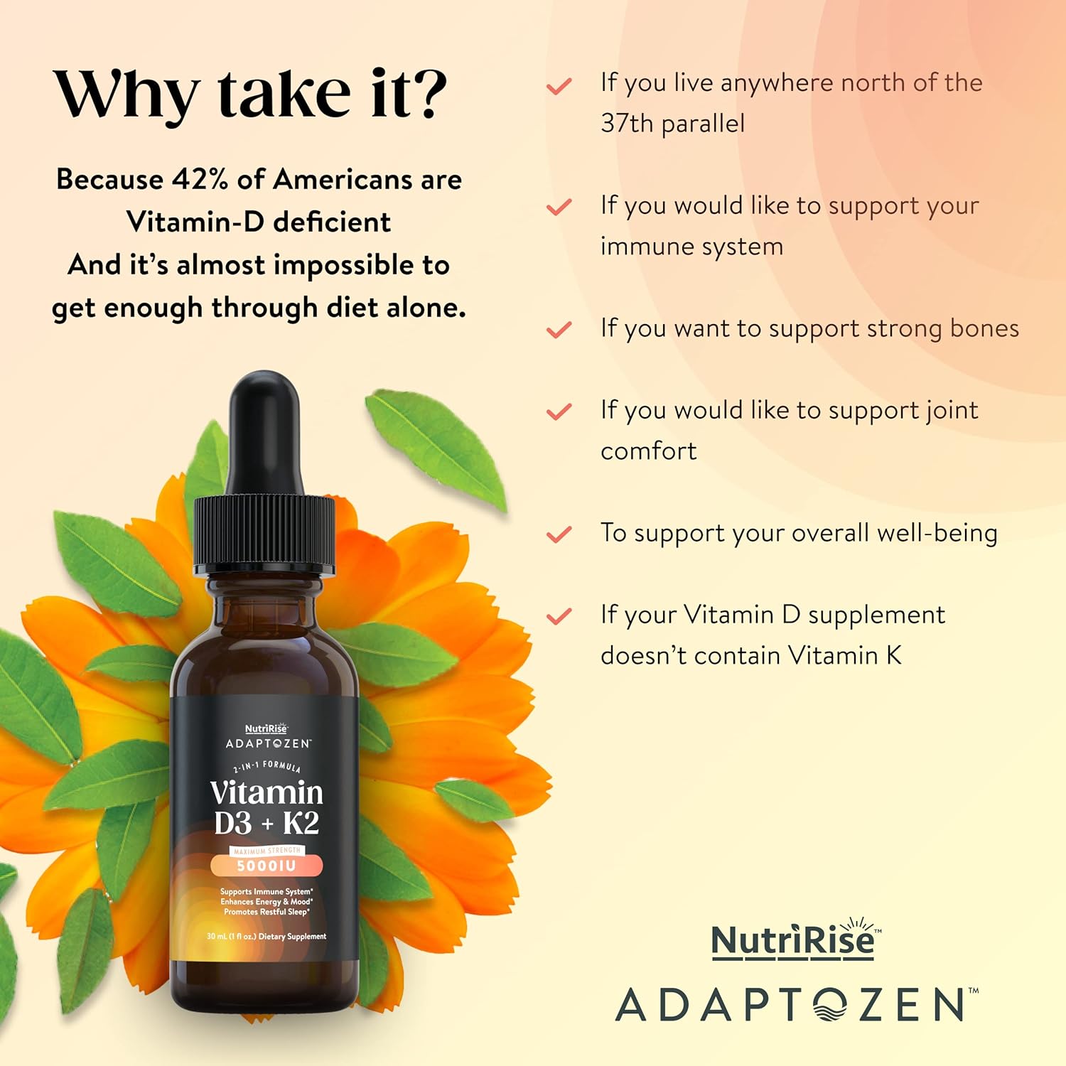 Vitamin D3 K2 Drops 5000 IU with MCT Oil: Immunity & Energy Support, Joint Comfort, Liquid Formula for Men & Women, Vegetarian, Gluten Free