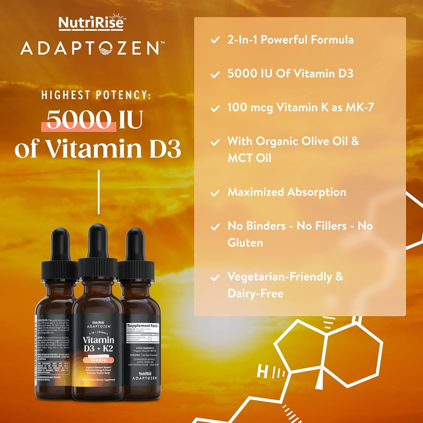 Vitamin D3 K2 Drops 5000 IU with MCT Oil: Immunity & Energy Support, Joint Comfort, Liquid Formula for Men & Women, Vegetarian, Gluten Free