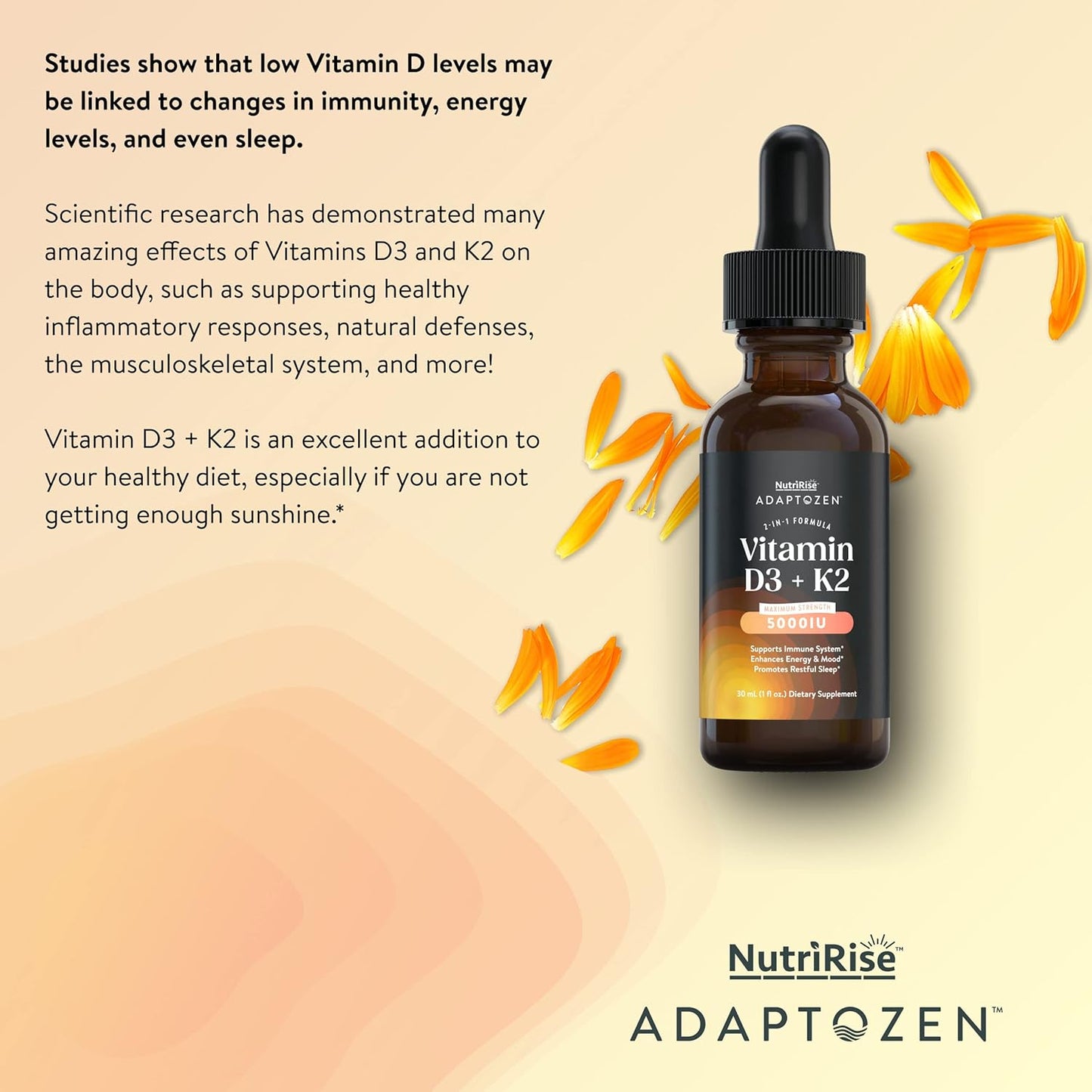 Vitamin D3 K2 Drops 5000 IU with MCT Oil: Immunity & Energy Support, Joint Comfort, Liquid Formula for Men & Women, Vegetarian, Gluten Free