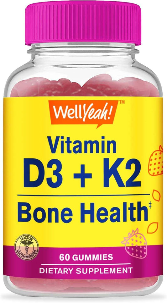 Vitamin D3 + K2 Gummies - 1000 IU D3, 100 MCG K2 - Bone & Muscle Health, Natural Flavors, GMO-Free, Gluten-Free, Vegan - 60 Gummies