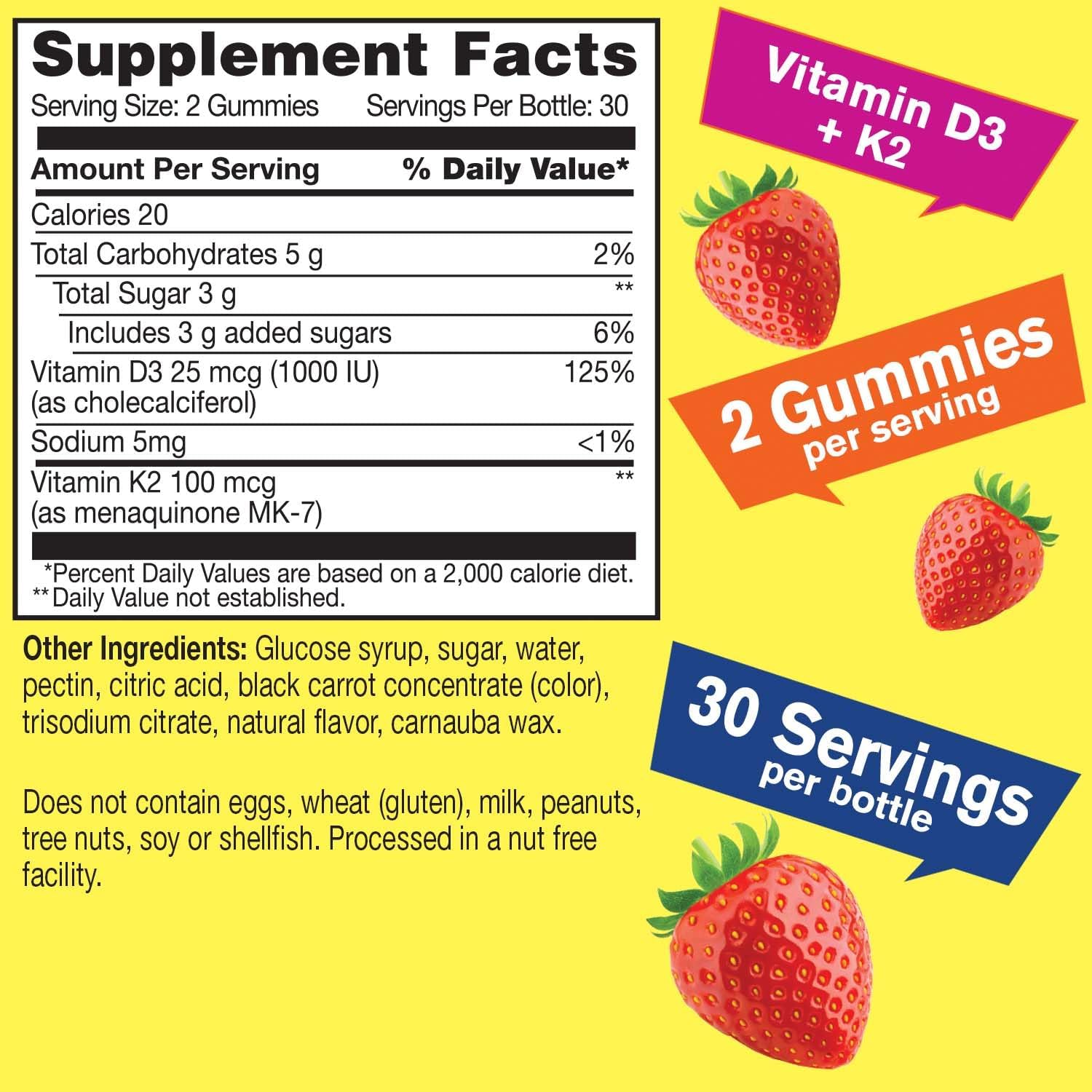 Vitamin D3 + K2 Gummies - 1000 IU D3, 100 MCG K2 - Bone & Muscle Health, Natural Flavors, GMO-Free, Gluten-Free, Vegan - 60 Gummies
