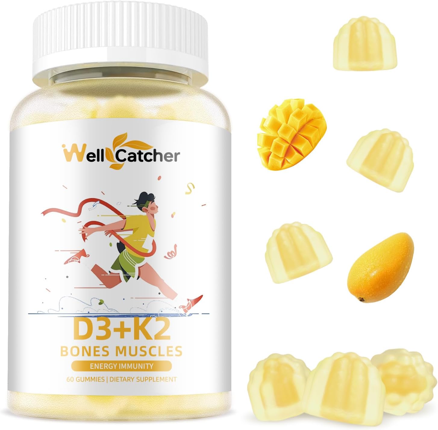 Vitamin D3 K2 Gummies 5000 IU with B Complex - Sugar Free Mango Flavor for Adults - Bone & Teeth Support - 60 Count
