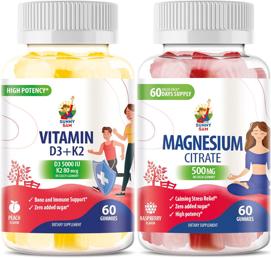 Vitamin D3 K2 Gummies 5000 IU with Magnesium - Immune & Bone Support for Kids & Adults - 500mg