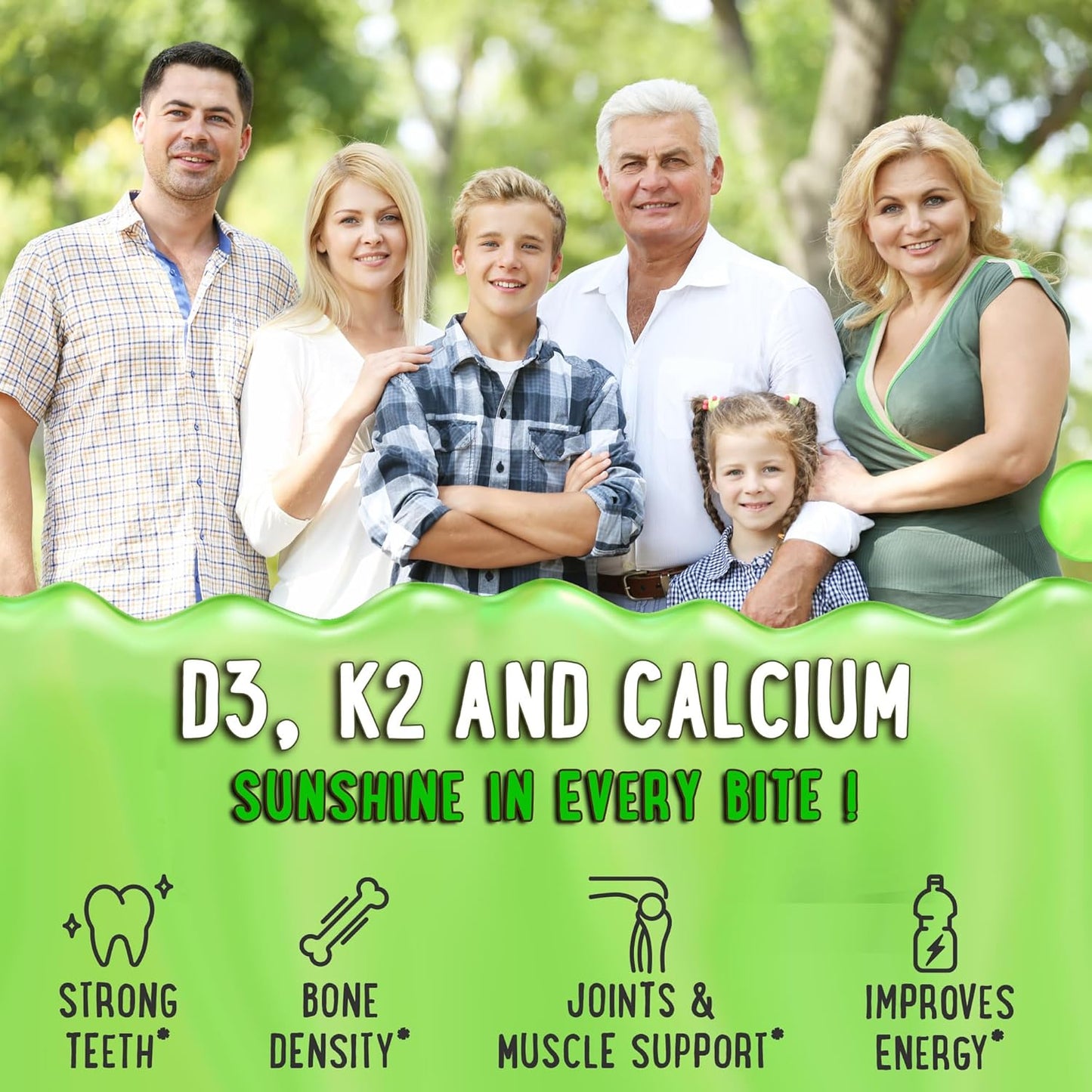 Vitamin D3 K2 Gummies for Healthy Teeth, Bone & Immunity - Center-Filled, Chewy Formula for Kids, Teens & Adults - 5000 IU D3, 120 mcg K2(MK-7), 120 mg Calcium - Vegan & Non-GMO - 60 Count