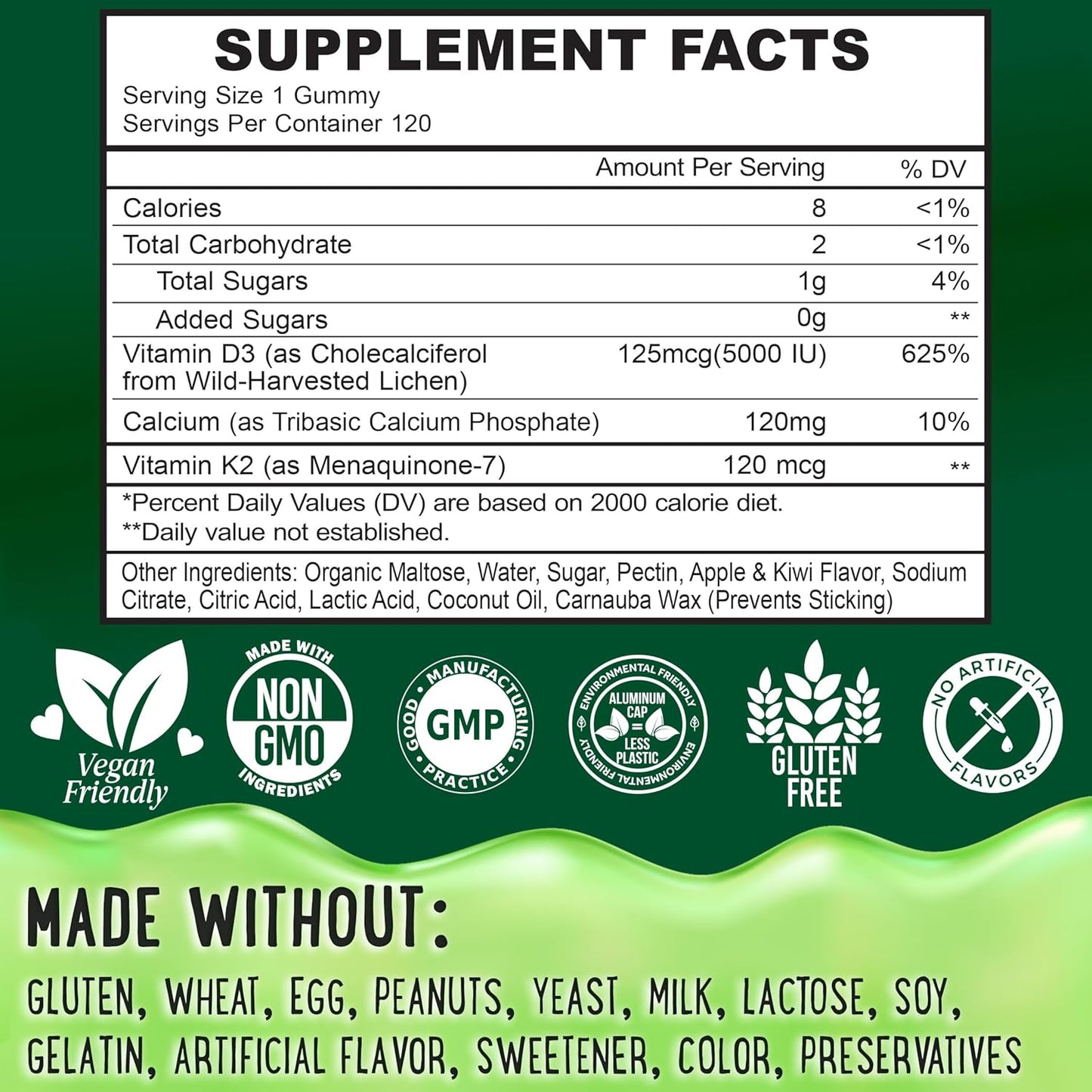 Vitamin D3 K2 Gummies for Healthy Teeth, Bone & Immunity - Center-Filled, Chewy Formula for Kids, Teens & Adults - 5000 IU D3, 120 mcg K2(MK-7), 120 mg Calcium - Vegan & Non-GMO - 60 Count