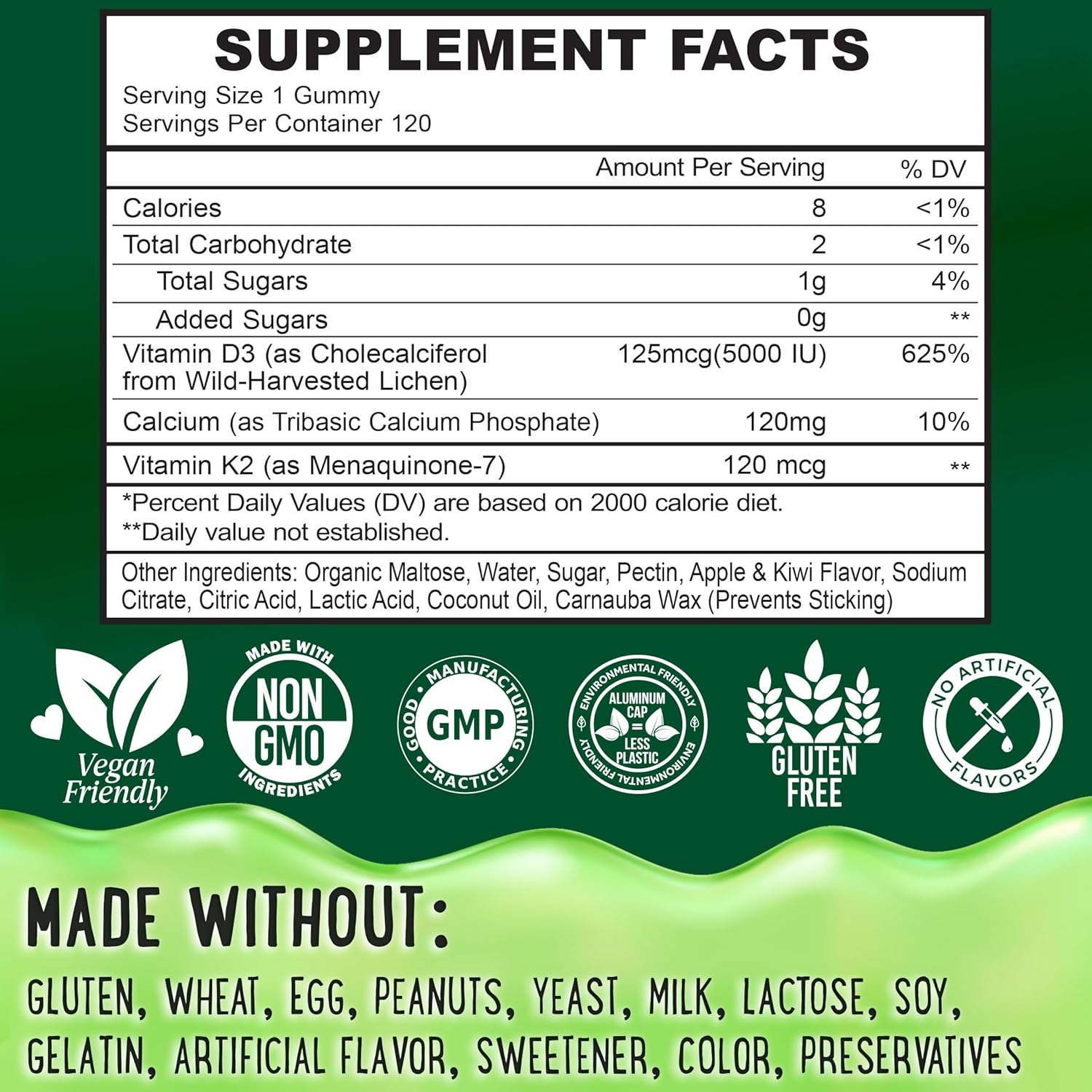 Vitamin D3 K2 Gummies for Healthy Teeth, Bone & Immunity - Center-Filled, Chewy Formula for Kids, Teens & Adults - 5000 IU D3, 120 mcg K2(MK-7), 120 mg Calcium - Vegan & Non-GMO - 60 Count