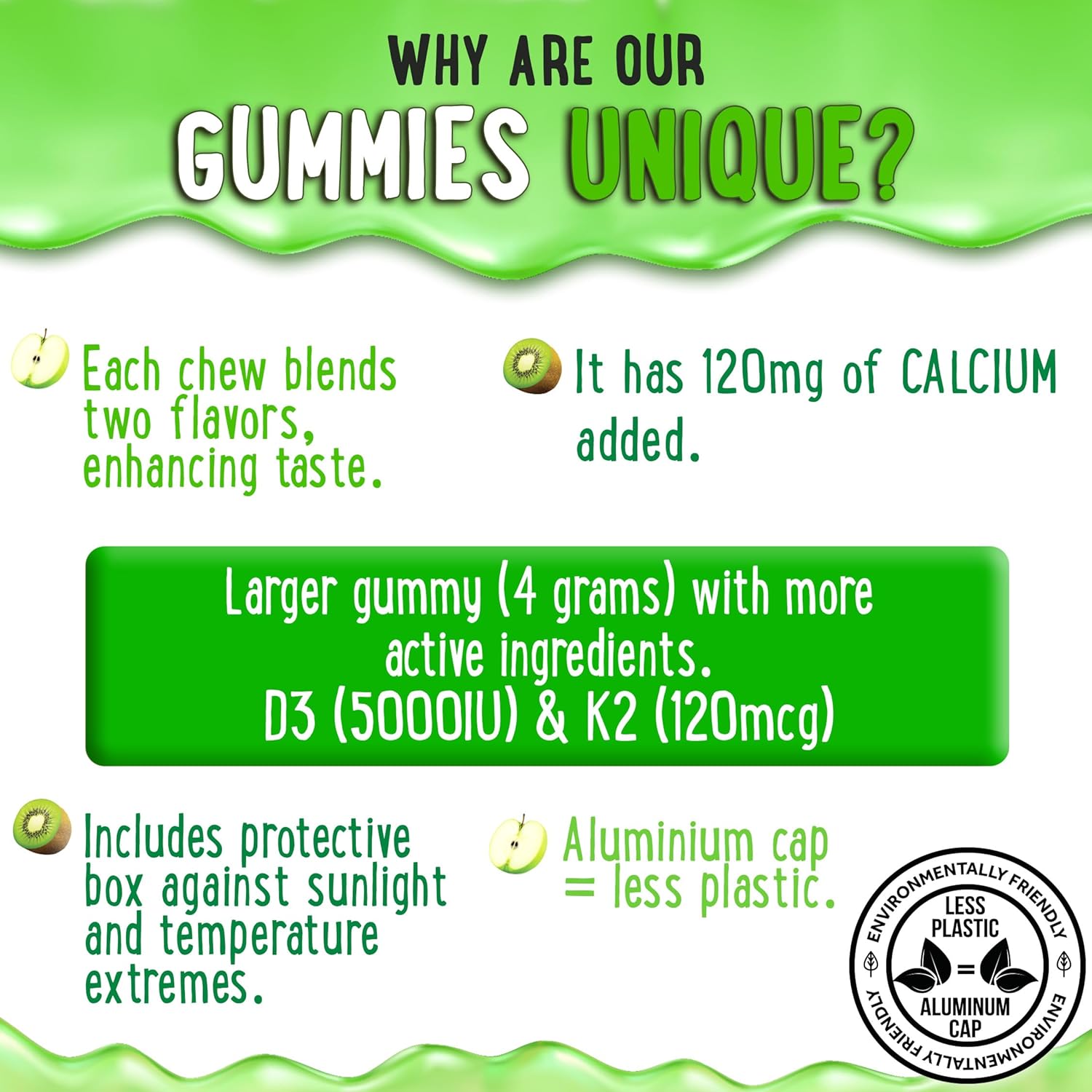 Vitamin D3 K2 Gummies for Healthy Teeth, Bone & Immunity - Center-Filled, Chewy Formula for Kids, Teens & Adults - 5000 IU D3, 120 mcg K2(MK-7), 120 mg Calcium - Vegan & Non-GMO - 60 Count
