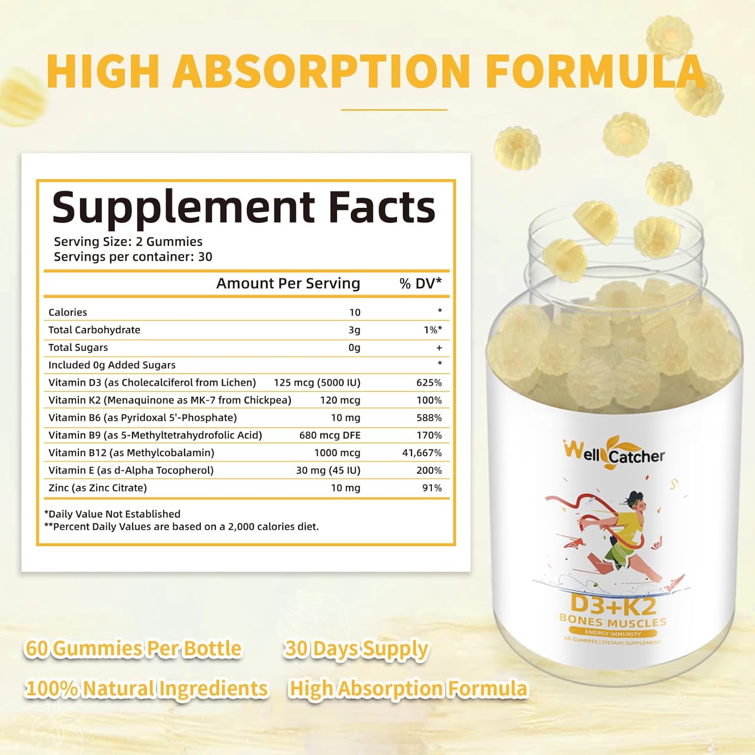 Vitamin D3 K2 Gummies with Vitamin B Complex for Bone Strength - Mango Flavor, 120mcg K2 (MK-7), 5000IU D3, Sugar Free - 60 Counts x 2 Packs for Adults & Kids