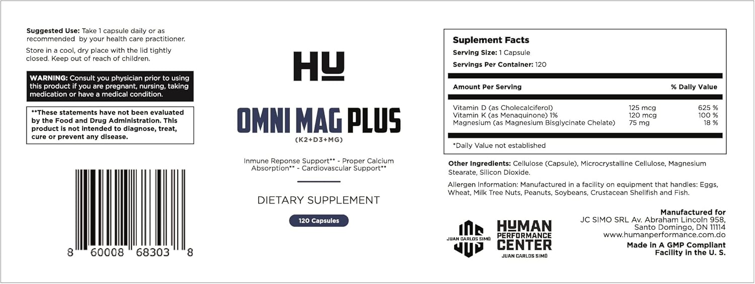 Vitamin D3, K2, & Magnesium Supplement - 5,000 IU D3, 120 mcg K2 (MK7), 75mg Mg - 120 Capsules