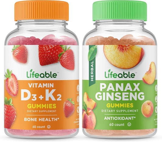 Vitamin D3, K2, Panax Ginseng Gummies Bundle - Tasty, Gluten-Free Supplement