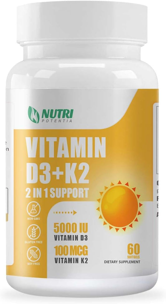 Vitamin D3 K2 Softgels with MCT Oil for Bone and Heart Health - 60 Count, Gluten Free