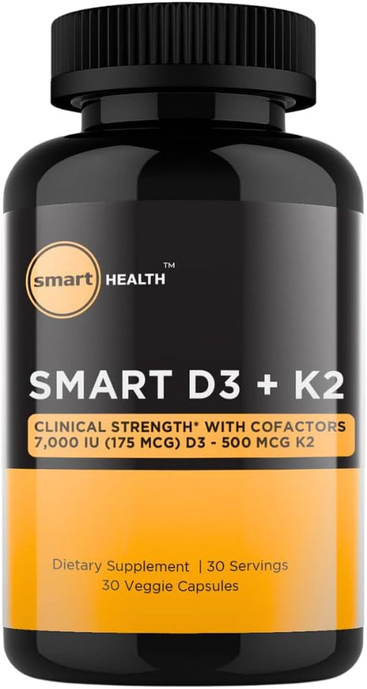 Vitamin D3 + K2 Supplement for Bone Health & Immune Support - 7000 IU D3 + 500 MCG K2 - with B6, Magnesium & Zinc - Gluten Free, Vegan - 30 Veg Caps