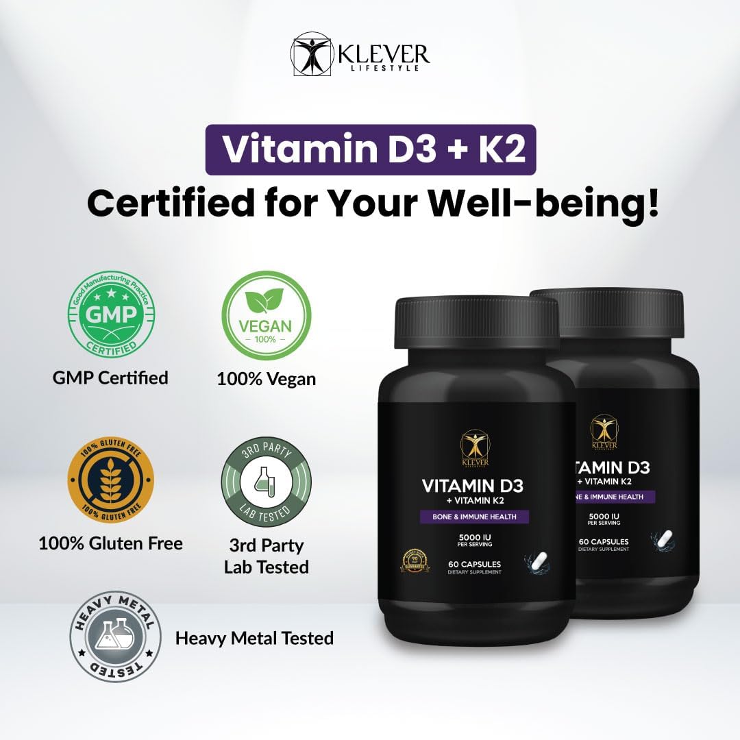 Vitamin D3 & K2 Supplement for Bone, Joint, and Immune Health - 60 Capsules, 5000 UI per Serving