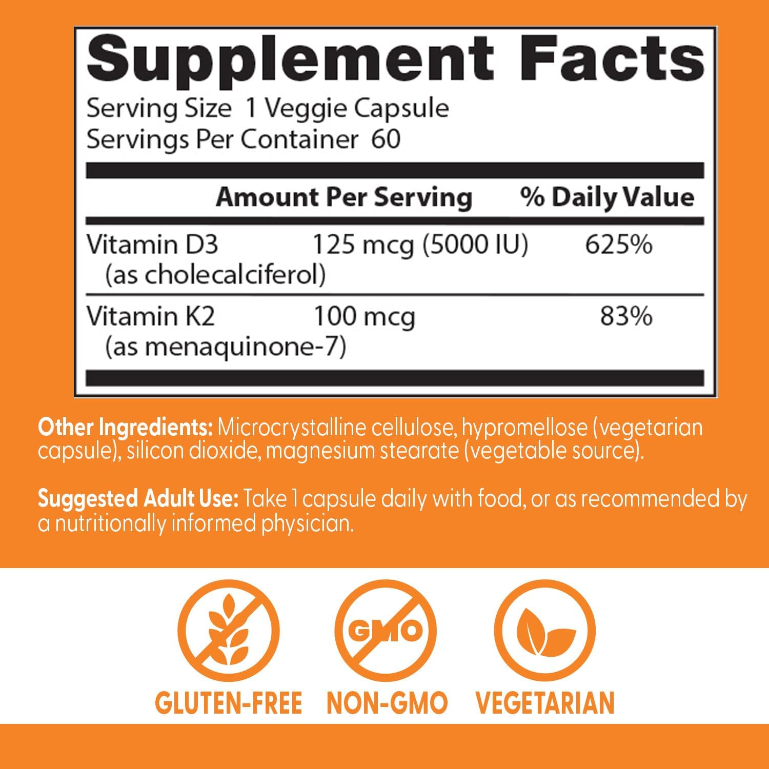 Vitamin D3 + K2 Supplement for Bone, Tissue, & Arterial Health - 5000 IU, 60 Veggie Caps, Non-GMO & Gluten Free