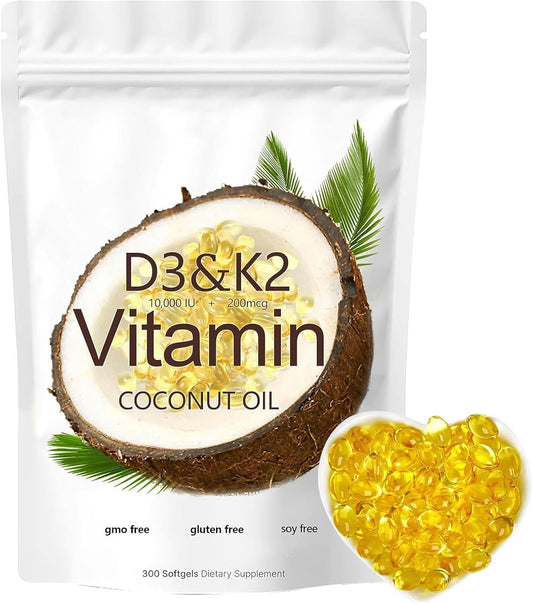Vitamin D3 K2 Supplement Softgel 10000 IU - Bone Health Support, Calcium Absorption - 2-in-1 Formula, 300 Gels