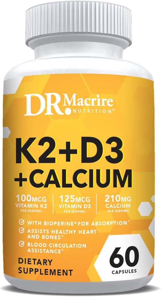 Vitamin D3 K2 Supplement with Calcium for Bone & Muscle Support, 5000 IU D3, 100mcg K2, Black Pepper Extract, Non-GMO - 60 Capsules