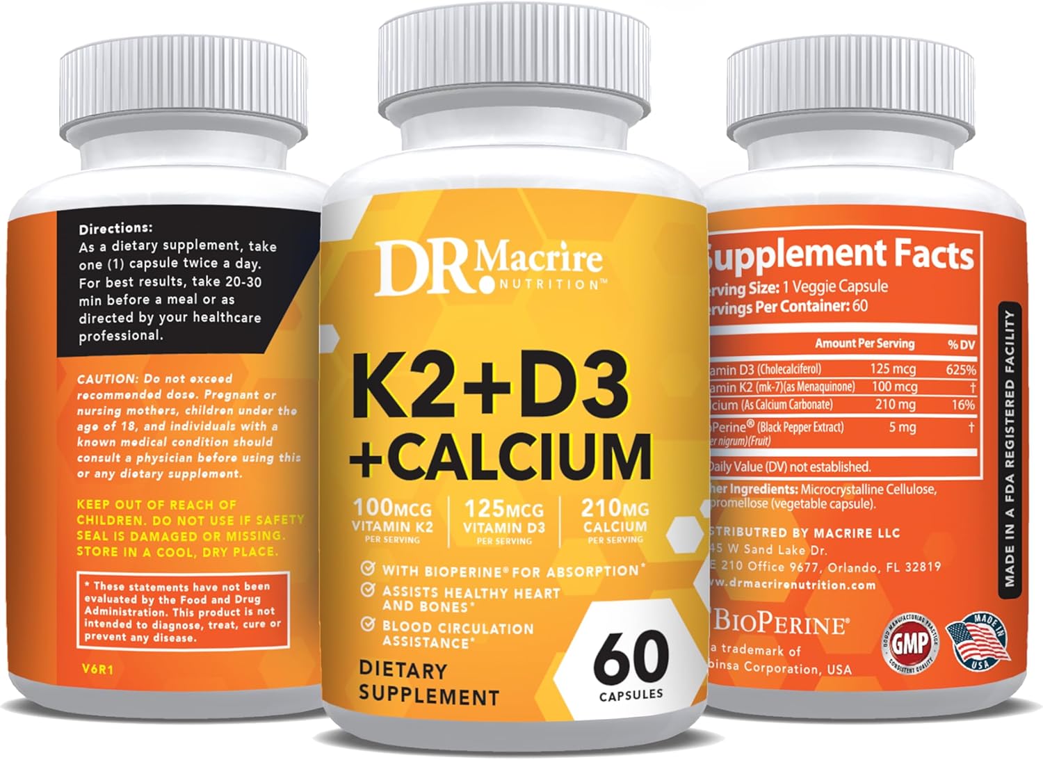 Vitamin D3 K2 Supplement with Calcium for Bone & Muscle Support, 5000 IU D3, 100mcg K2, Black Pepper Extract, Non-GMO - 60 Capsules