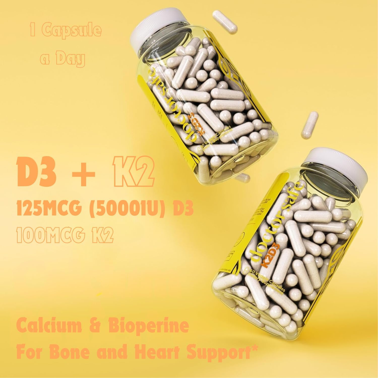 Vitamin D3 K2 with Calcium & BioPerine MK7 - 5000iu D3, Non-GMO & Gluten-Free (120 Capsules)