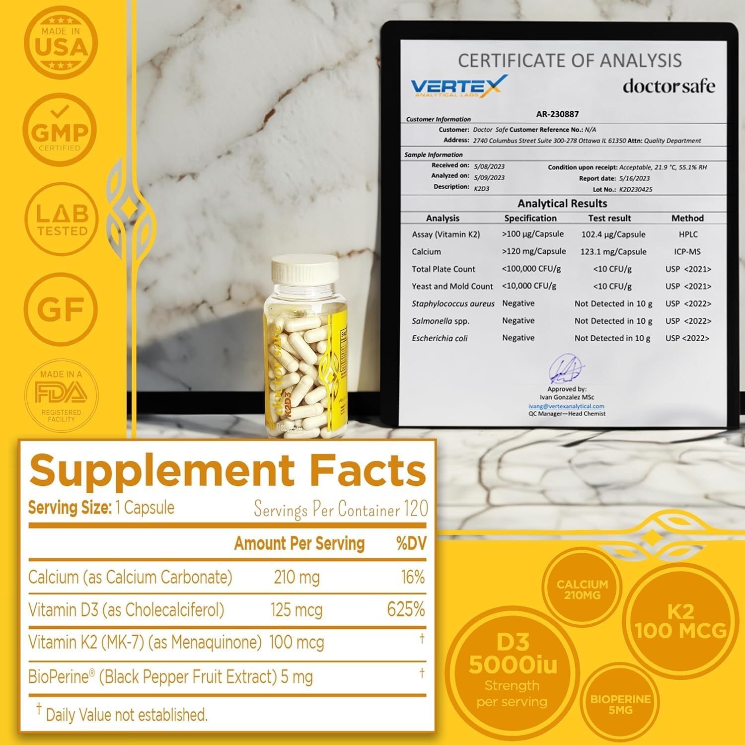 Vitamin D3 K2 with Calcium & BioPerine MK7 - 5000iu D3, Non-GMO & Gluten-Free (120 Capsules)