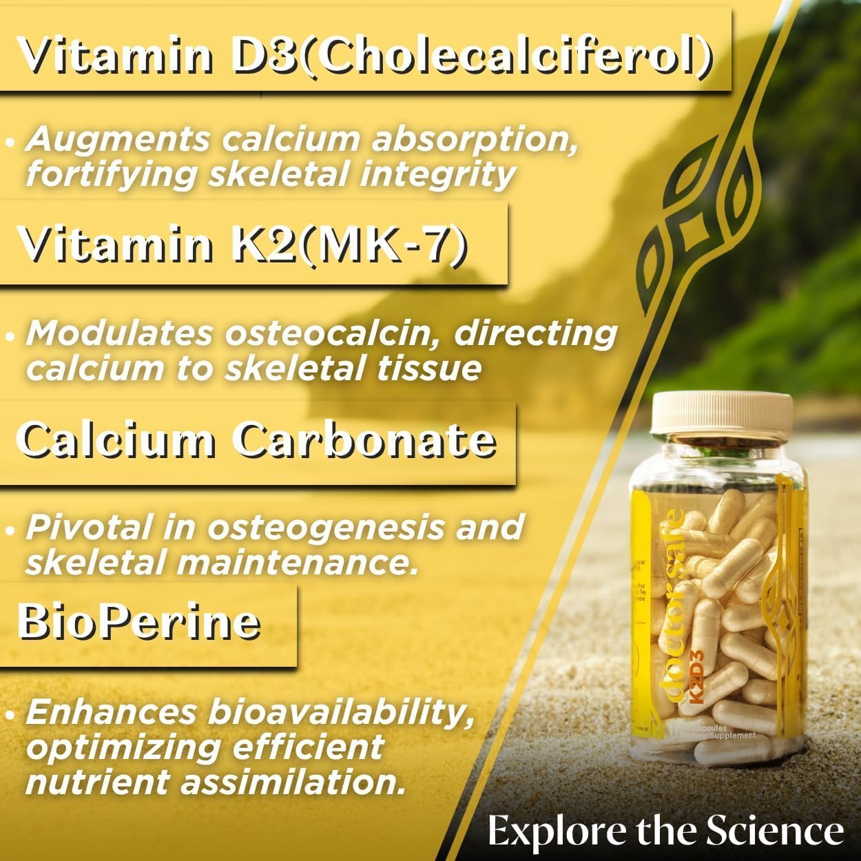 Vitamin D3 K2 with Calcium & BioPerine MK7 - 5000iu D3, Non-GMO & Gluten-Free (120 Capsules)