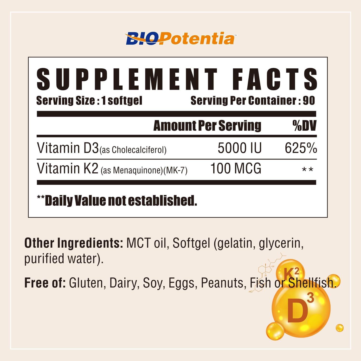Vitamin D3 K2 with MCT Oil Supplement - 5000 IU Vitamin D3 & K2 (MK7) - Supports Immune, Bone, Teeth Health - 90 Softgels - Gluten Free Non-GMO