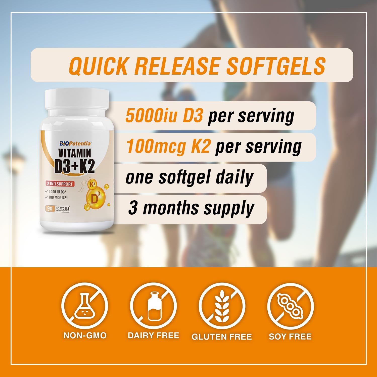 Vitamin D3 K2 with MCT Oil Supplement - 5000 IU Vitamin D3 & K2 (MK7) - Supports Immune, Bone, Teeth Health - 90 Softgels - Gluten Free Non-GMO