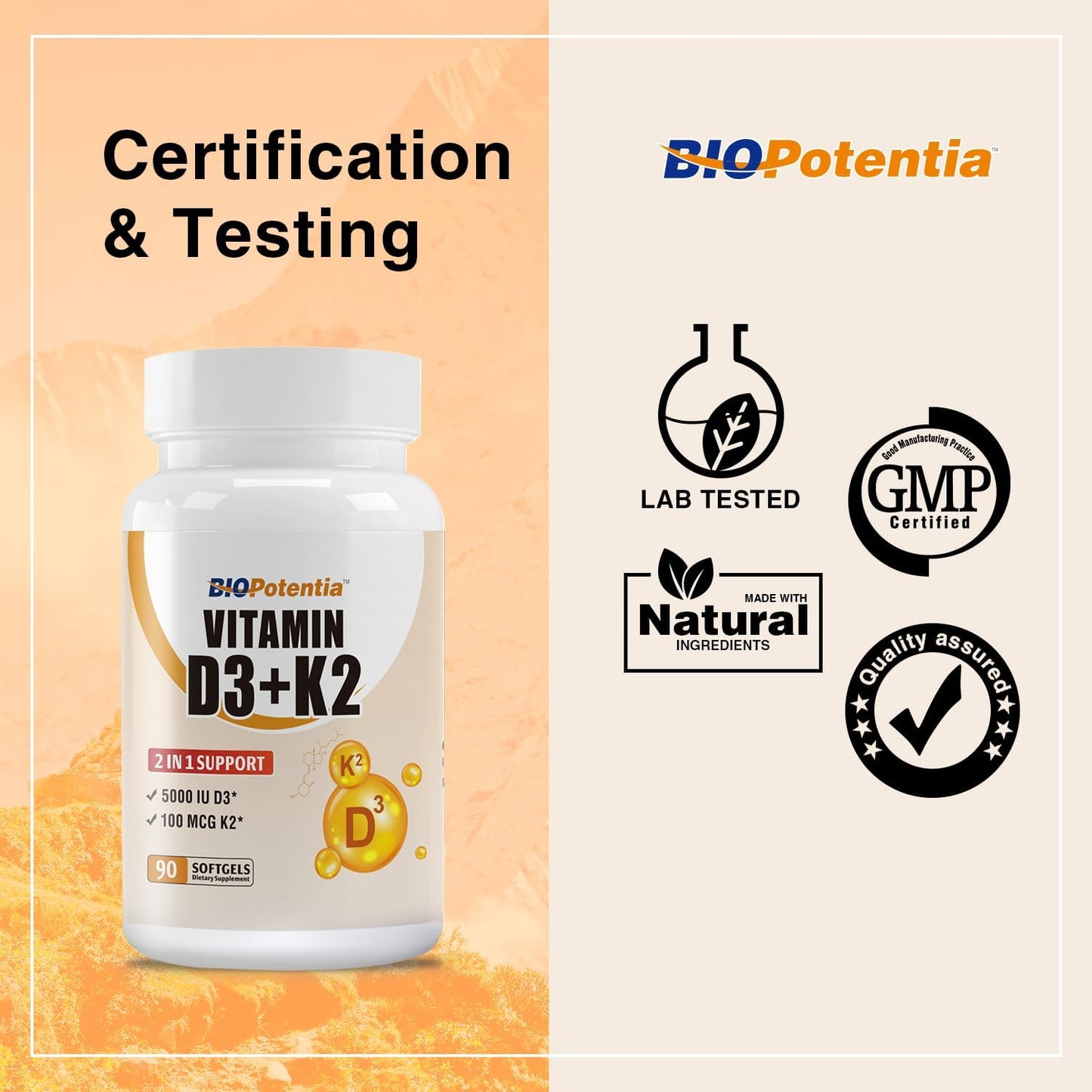 Vitamin D3 K2 with MCT Oil Supplement - 5000 IU Vitamin D3 & K2 (MK7) - Supports Immune, Bone, Teeth Health - 90 Softgels - Gluten Free Non-GMO
