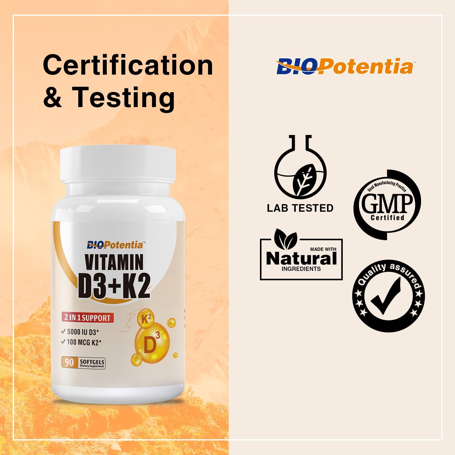 Vitamin D3 K2 with MCT Oil Supplement - 5000 IU Vitamin D3 & K2 (MK7) - Supports Immune, Bone, Teeth Health - 90 Softgels - Gluten Free Non-GMO